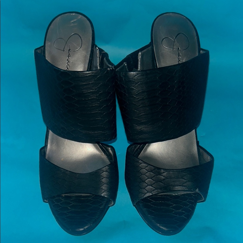 Black Croc-Textured Mules with Thick Heel